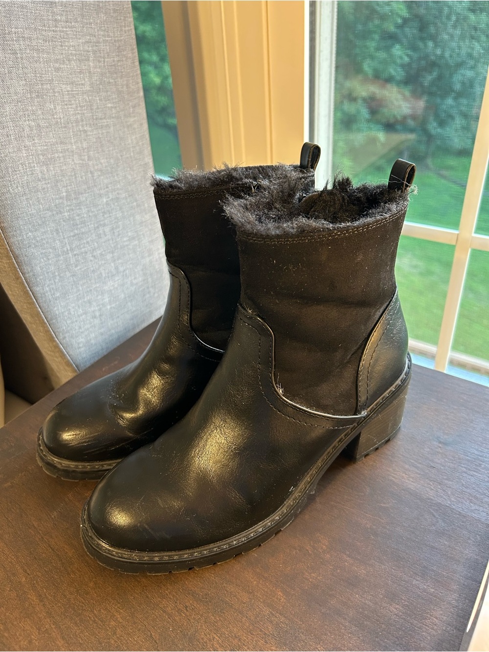 Women's Black Faux-Suede & Leather Chunky Heel Ankle Boots